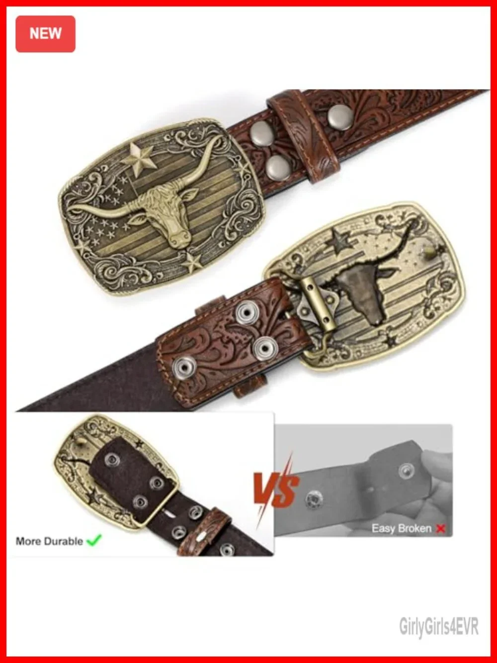 Western Cowboy Belt Bull Buckle Embossed Leather Unisex